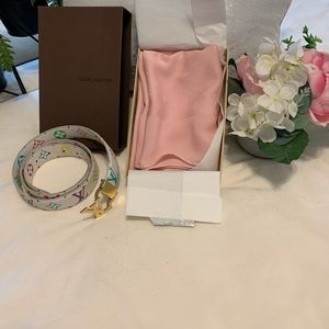 This pink silk Luis Vuitton scarf with the monogram belt